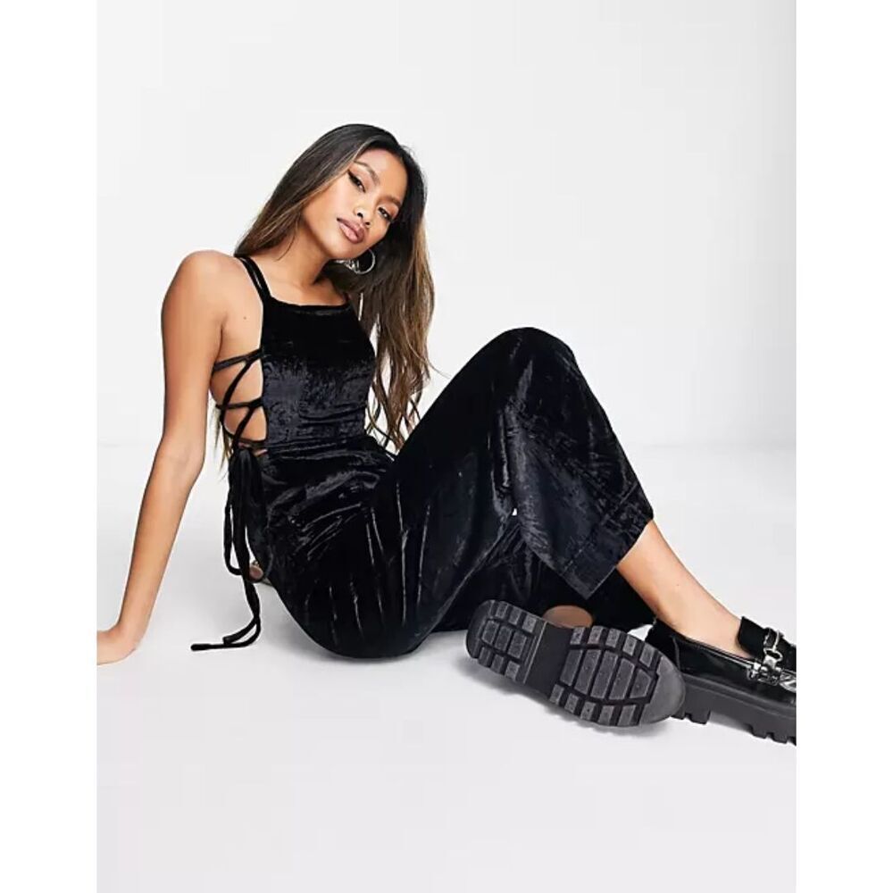 Free People 90s Forever Black Velvet Jumpsuit Overalls
